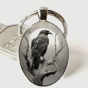 Black Raven Keychain Bag Charm Oval Gothic Wiccan emo vamp Punk Gift Viking